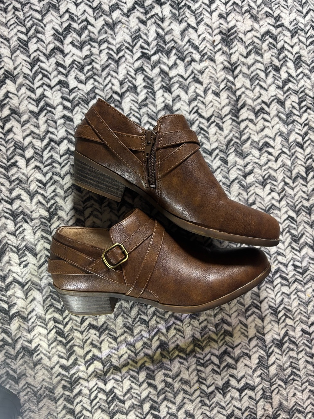 Women’s Vegan Brown Leather Zip Ankle Loafer Boots with Buckle Size 8.5